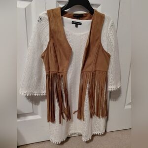 White Lace Dress with Tan Fringe Vest